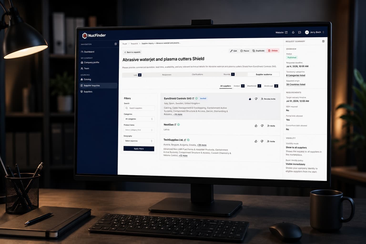 Buyer managing supplier outreach and RFI or RFQ workflow from the workspace